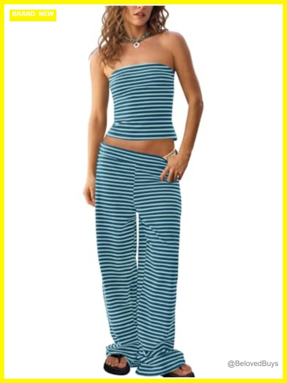 Striped 2 Piece Lounge Set Sleeveless Crop Tube Top Wide Leg Pants
